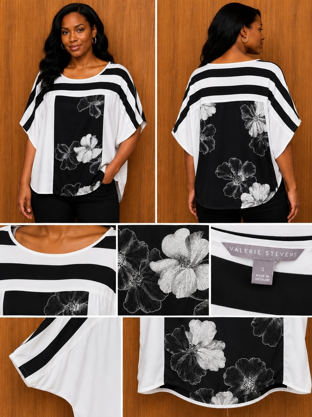 Valerie Stevens Black & White Floral Panel Stripe Tunic